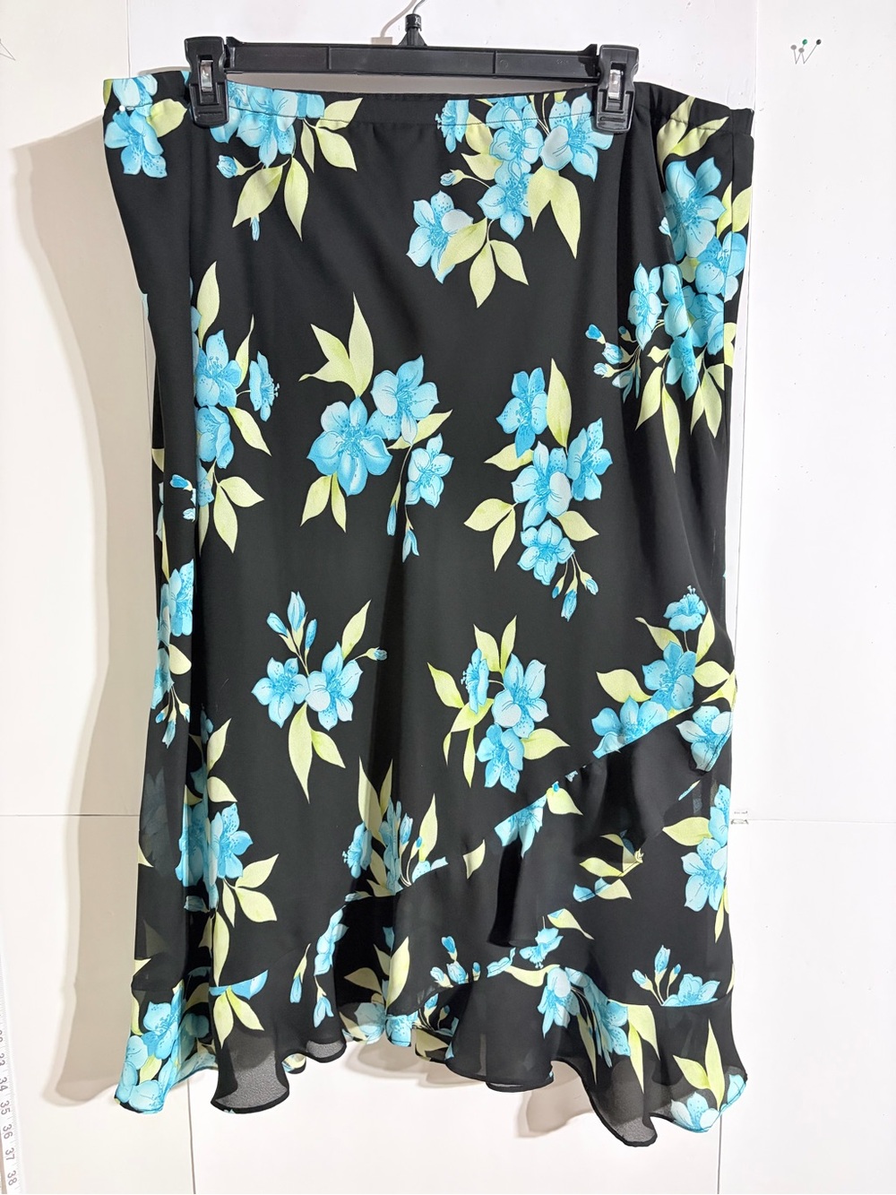Black Floral A-Line Skirt with Blue Flowers